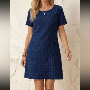 Textured Navy Short-Sleeve Dress